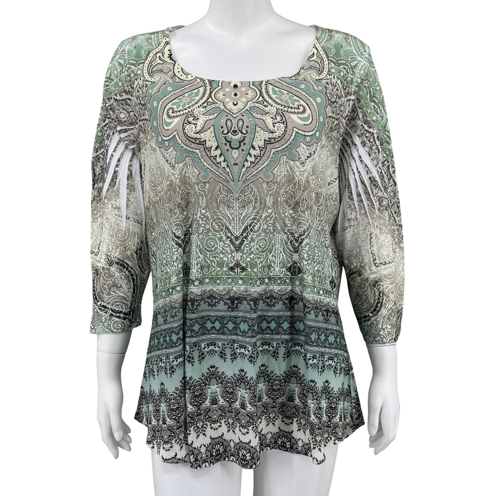 One World Top‎ Womens 2XL Green Paisley Boho Embellished 3/4 Sleeve Artsy Hippie
